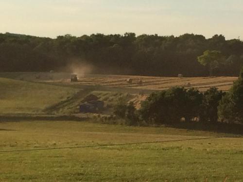 an open field with a farm in the distance at Gite Du Colombier in Le Fied