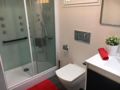 ロス・クリスティアーノスにあるSea View Apartment Los Cristianosのバスルーム(シャワー、トイレ、シンク付)