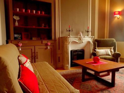 a living room with a couch and a table and a fireplace at L'Ajoussienne in Ajou