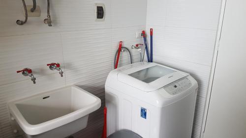 ein kleines Badezimmer mit Waschmaschine und Waschbecken in der Unterkunft Lima Flats 3 in Lima