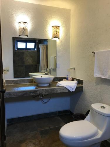 bagno con lavandino, servizi igienici e specchio di Namasté Cabañas, Huasca de Ocampo a Huasca de Ocampo