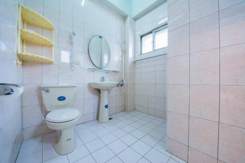 Un baño con inodoro, lavabo y espejo. en Happy Garden Homestay, en Taitung