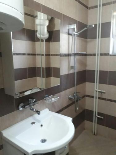a bathroom with a white sink and a shower at Apartment ILIEVI in Pleven