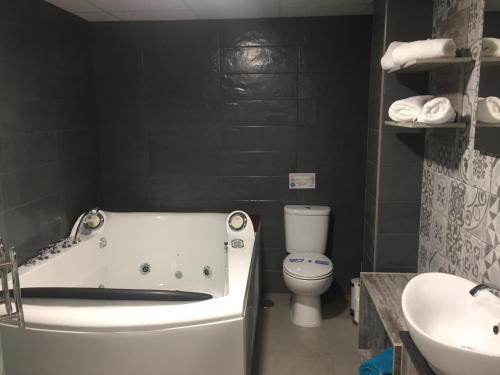 a bathroom with a tub and a toilet and a sink at Deluxe Hostels & Suites Merida in Merida