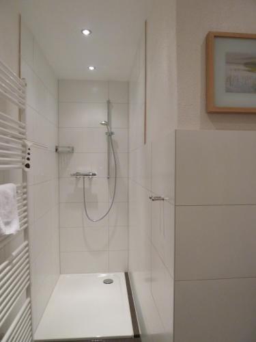 a white bathroom with a shower with a glass door at Landhaus Stümpelstal in Marburg an der Lahn