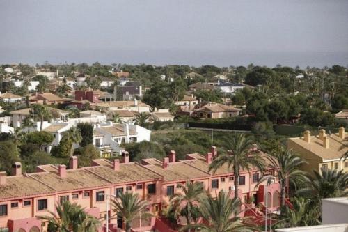 a city with houses and palm trees and the ocean at Aparthotel Diamant Blue in Playas de Orihuela