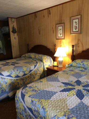 a hotel room with two beds and a lamp on a table at Cave Mountain Motel in Windham