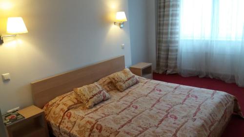 una camera d'albergo con un letto con due cuscini sopra di Centro apartamentai-Konarskio apartamentai a Vilnius