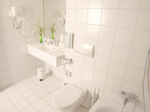 a white bathroom with a toilet and a sink at Transmar Travel Hotel in Bindlach