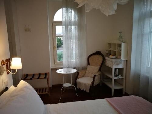 リーヴァ・デル・ガルダにあるB&B Zenzero e Limoneのベッドルーム1室(ベッド1台、椅子、窓付)