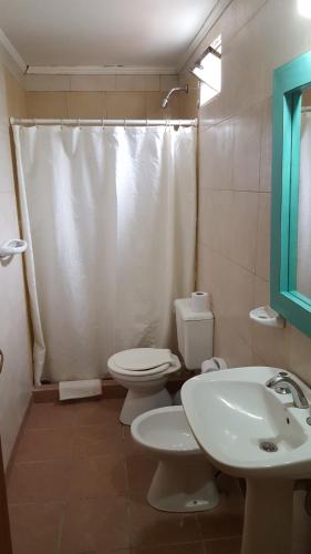 La salle de bains est pourvue de toilettes et d'un lavabo. dans l'établissement Antigua Fonda Hosteria, à Concepción del Uruguay