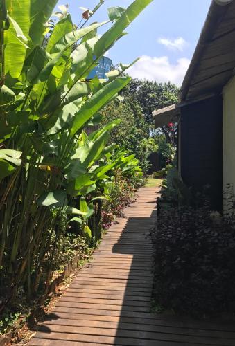 a wooden walkway next to a house with plants at Flats Baia dos Porcos in Fernando de Noronha