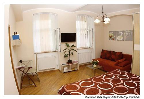 salon z łóżkiem i kanapą w obiekcie Apartmán Vila Bayer w Karlowych Warach