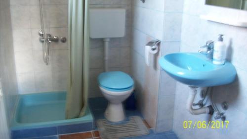 ein Badezimmer mit einem blauen WC und einem Waschbecken in der Unterkunft Pansion Stari Konak in Sarajevo