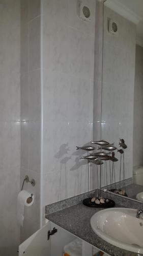 La salle de bains est pourvue d'un lavabo et d'un comptoir avec un miroir. dans l'établissement Varandas do Sol, à Ovar