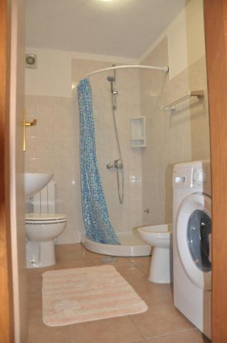 a bathroom with a shower and a washing machine at Franko Apartmani in Zambratija