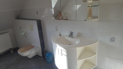 La salle de bains blanche est pourvue d'un lavabo et de toilettes. dans l'établissement Ferienhaus am See, à Petersdorf