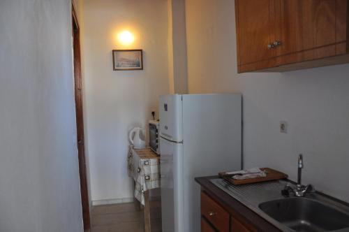 een keuken met een witte koelkast en een wastafel bij Aggelos Family Hotel in Moraitika