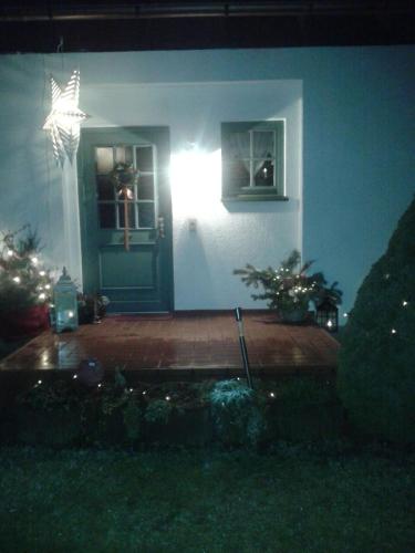 a house with a green door and a christmas tree at Ruhe geniessen bei Kulbes in Doberschütz