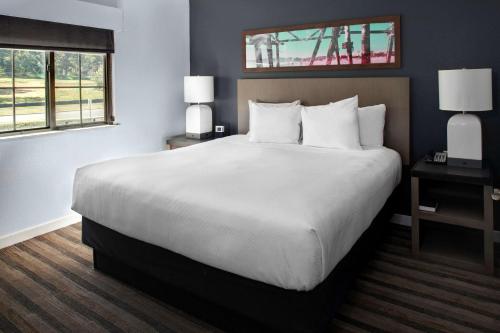 ein großes Bett in einem Hotelzimmer mit zwei Fenstern in der Unterkunft Hyatt House Morristown in Morristown
