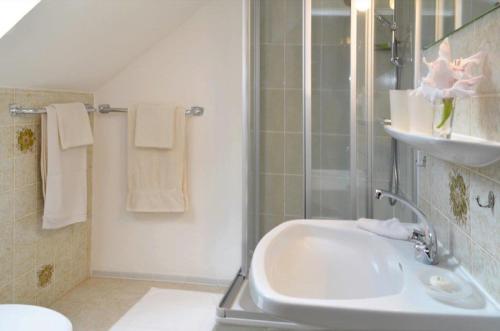 ein Bad mit einem Waschbecken und einer Dusche in der Unterkunft Hotel Haus Bauer in Bad Berneck im Fichtelgebirge