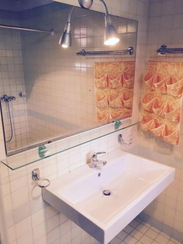a bathroom with a white sink and a mirror at Brigida's Apartments in Ipsos