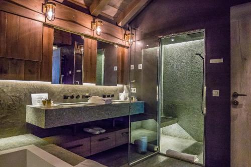 uma casa de banho com um chuveiro e um lavatório. em Le Hameau Albert 1er em Chamonix-Mont-Blanc