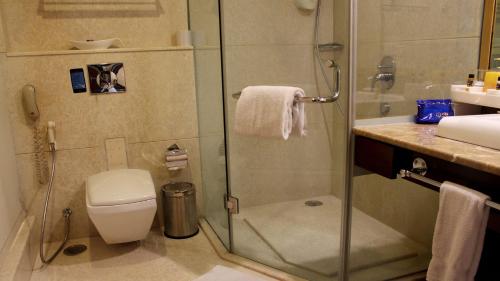 a bathroom with a shower and a toilet and a sink at SkyCity Hotel Gurgaon in Gurgaon