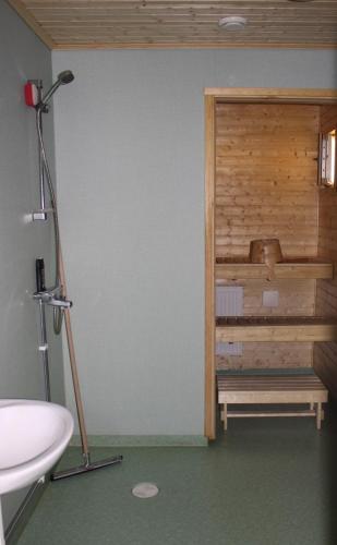 a bathroom with a toilet and a sink and a shelf at Surkeenjärven Jaakon talot in Moksinkylä