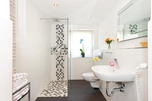 La salle de bains est pourvue d'un lavabo, de toilettes et d'une douche. dans l'établissement Landhotel Zum Erbgericht, à Stolpen