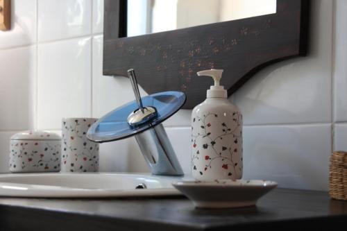lavabo con dispensador de jabón y botella en Casa cu zorele, Crit 189 en Criţ
