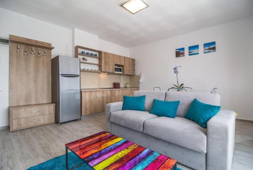 a living room with a couch and a refrigerator at Residence iL Lago in Cluj-Napoca