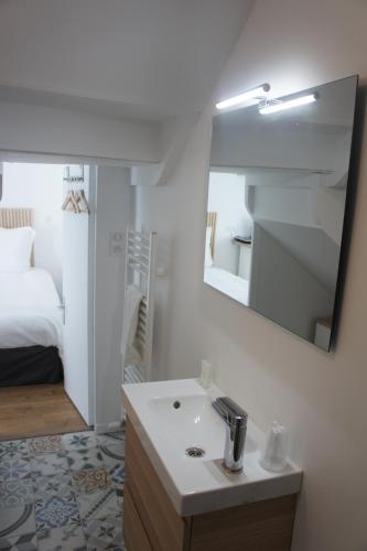 uma casa de banho com um lavatório, um espelho e uma cama em Appart Albert'House em Clermont-Ferrand