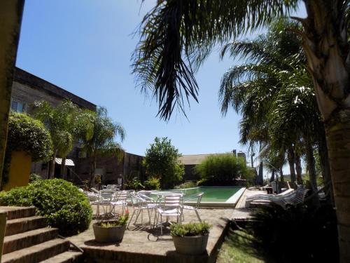 a patio with chairs and a pool with a palm tree at Hotel La Cautiva de Ramirez in La Paz