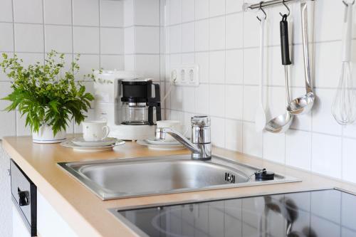 a kitchen with a stainless steel sink in a kitchen at Geigers Ferienhaus in Tiefenbach bei Oberstdorf