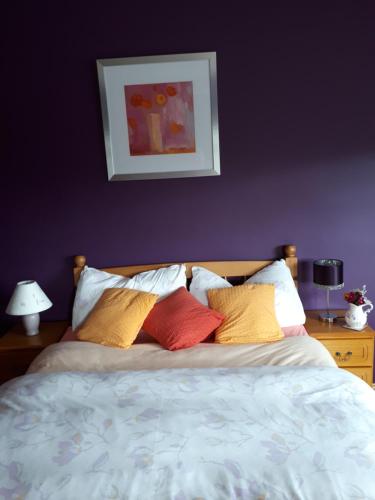 a bed with four pillows on it with a purple wall at Tullaleagan Guesthouse in Oughterard