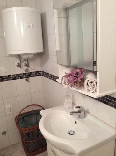 een badkamer met een wastafel en een spiegel bij Sunce in Rijeka