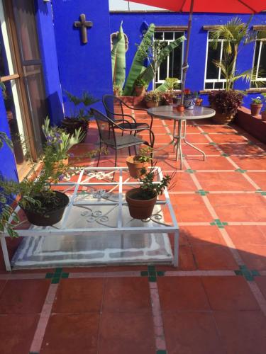 a patio with tables and potted plants and a blue wall at Maria Del Alma House in Mexico City