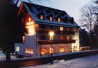 a large house with lights on in the snow at Landhotel Osterlamm in Grünhain