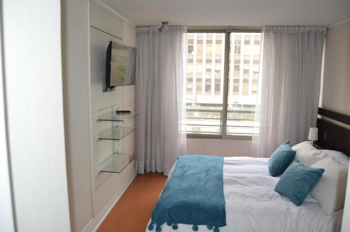 Home Valdivia Providencia في سانتياغو: غرفة نوم مع سرير ووسائد زرقاء ونافذة