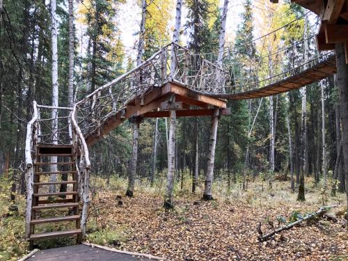 a tree house in the woods with a staircase at Sven's Basecamp Hostel in Fairbanks