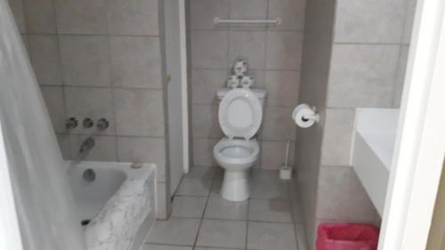 a bathroom with a toilet and a bath tub at Chalets du Lac Matapédia in Val-Brillant