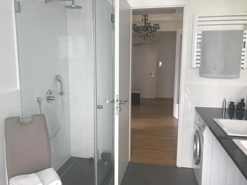 a bathroom with a shower and a toilet and a sink at Luxury 145 m2 Apartment with Terrace in Berlin