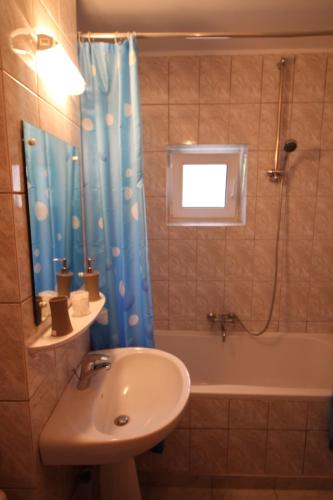 a bathroom with a sink and a blue shower curtain at Sunny Apartment in Predeal