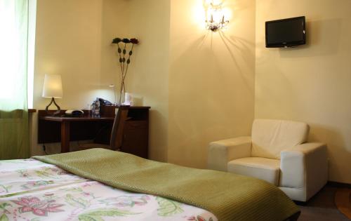 a bedroom with a bed and a chair and a tv at Noclegi Nad Osławą in Zagórz