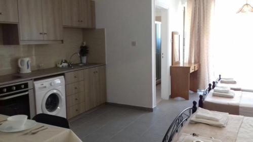 a kitchen with a washing machine and a table with chairs at Ayia Napa Studio in Ayia Napa