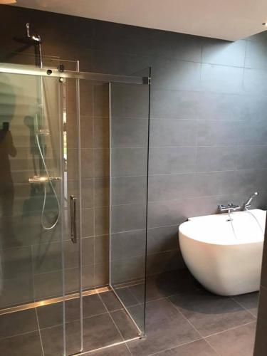 a bathroom with a glass shower and a white sink at De beurs in Hollum