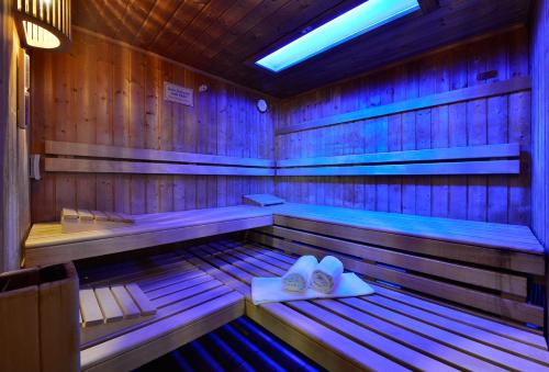 a sauna with two pairs of shoes in it at Hotel Der Lindenhof in Gotha