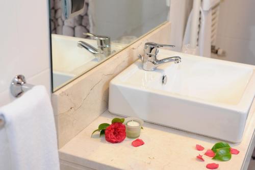a bathroom with a sink and a red flower on a counter at Quinta Da Cova Do Milho in Santo António da Serra