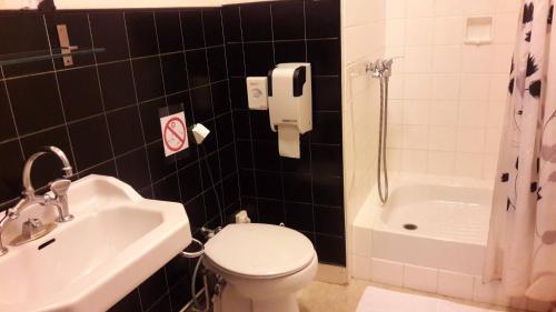 a bathroom with a toilet and a sink and a tub at Hôtel Ecu de france in Secondigny